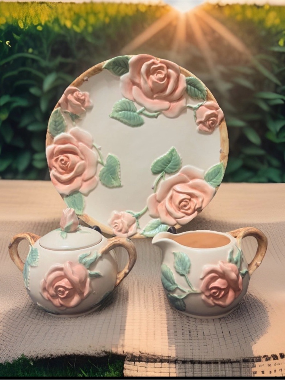 1987 Fitz & Floyd FF Blushing Rose Ceramic Creamer Sugar Display Plate 3pc Set